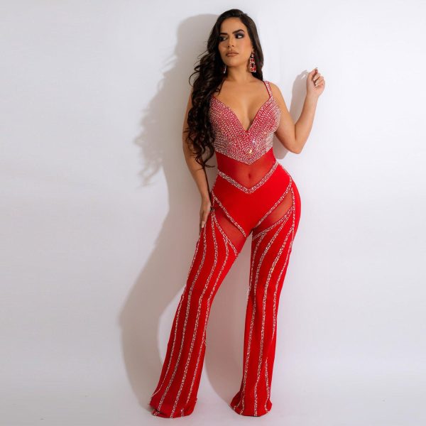 Women's See-through Deep V Rhinestone Jumpsuit - Image 5
