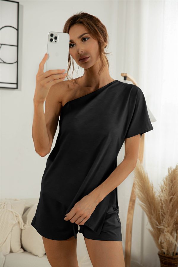 Off-the-shoulder Short Sleeve Sloping-shoulder Off The-shoulder Casual Two-piece Suit - Image 3