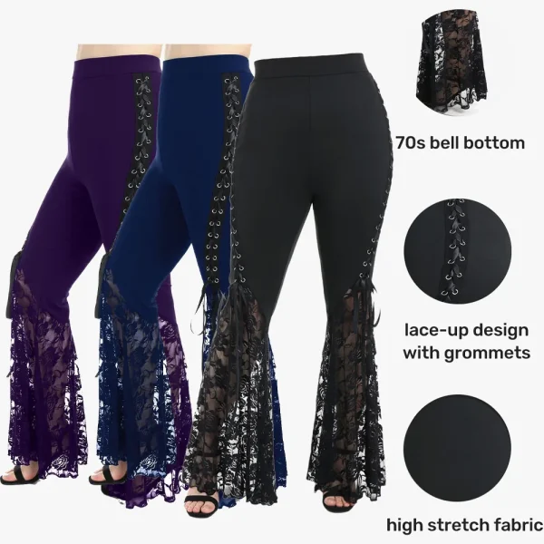 ROSEGAL Plus Size Womens Pull On Flare Pants Gothic High Waist Overlength Lace Panel With Lace-up Pleated Trousers Skinny Pants