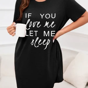 Women's Letter Printed Short Sleeve Round Neck Nightgown Plus Size Casual Home Dress Micro Stretch Student Sleepwear