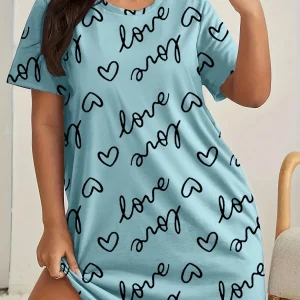Plus Size Love Print Short Sleeve Nightgown Women's Large Size Micro Stretch Casual Round Neck Loungewear Dresses