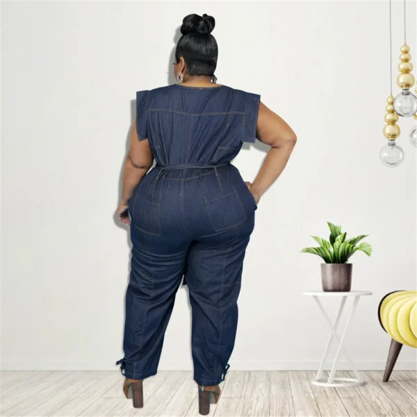 Jumpsuit Plus Size Women Clothing Denim Round Neck Lace Up Sleeveless Trousers Pocket Stretch Bodysuit Wholesale Dropshipping - Image 4