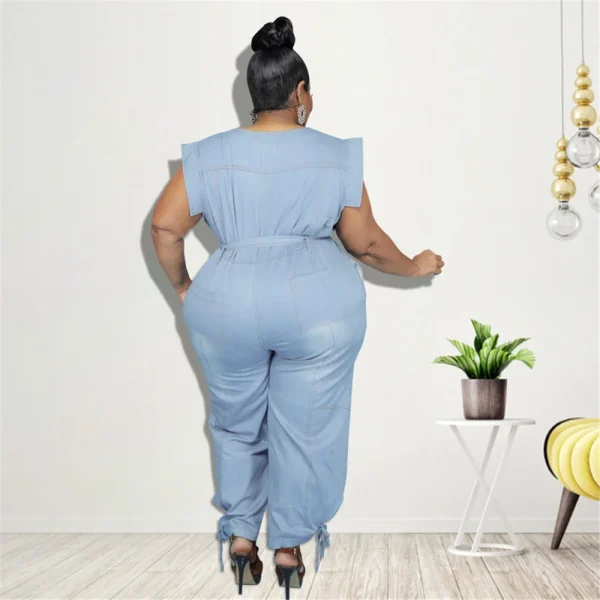 Jumpsuit Plus Size Women Clothing Denim Round Neck Lace Up Sleeveless Trousers Pocket Stretch Bodysuit Wholesale Dropshipping - Image 5