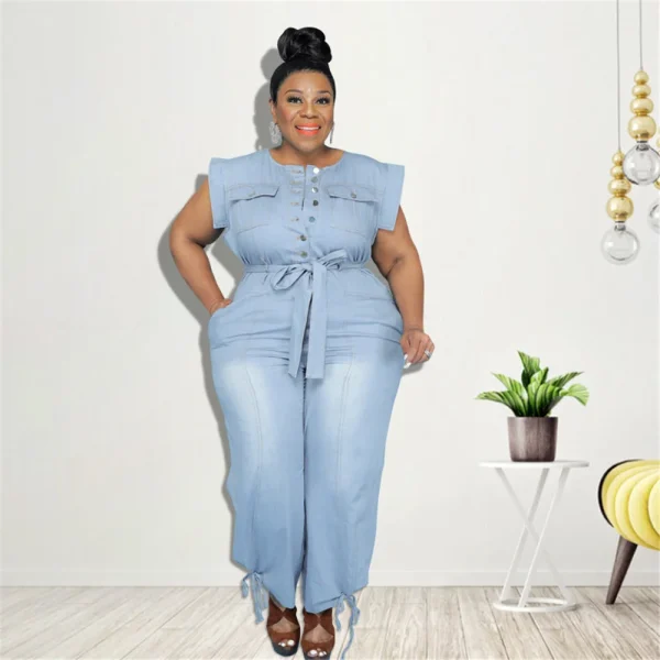 Jumpsuit Plus Size Women Clothing Denim Round Neck Lace Up Sleeveless Trousers Pocket Stretch Bodysuit Wholesale Dropshipping - Image 2