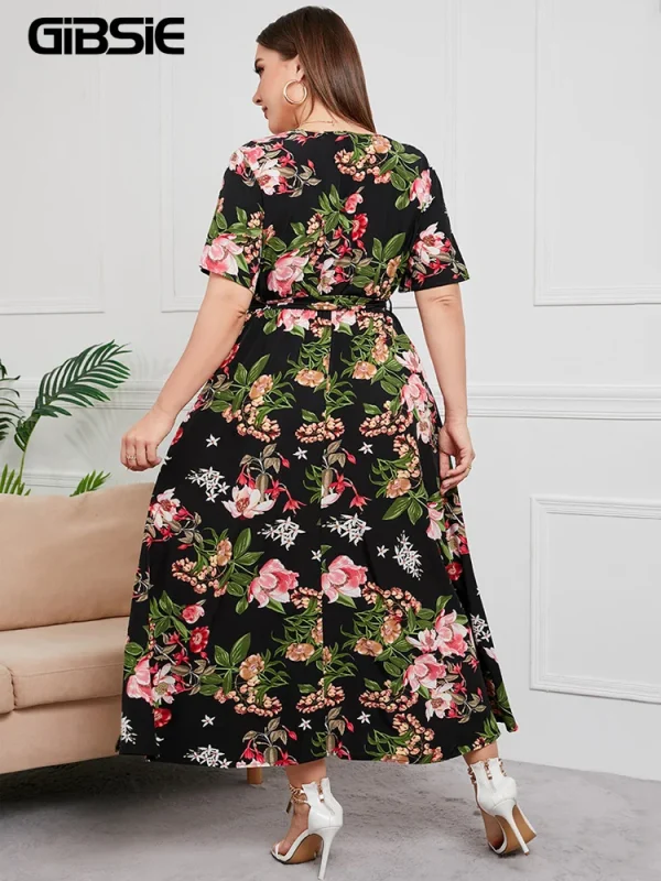 GIBSIE Plus Size V Neck Floral Print Boho Dress Women Summer Short Sleeve Maxi Dresses Holiday A-line Female Belted Dress - Image 3