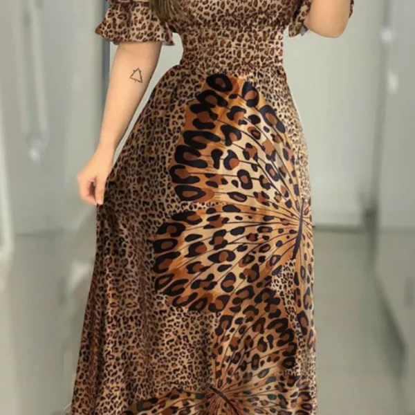 Boho Leopard Dress Women Off Shoulder Ruffle Sleeve Summer Dress Sexy Strappy Slash neck Vestido Long Sundress Party Dresses - Image 2