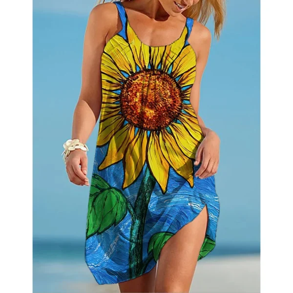 Sunflower Parrot Print Strap Mini Beach Dress Women Boho Summer Sexy Floral Dress Sleeveless Party Evening Dresses Hem Camisole - Image 6
