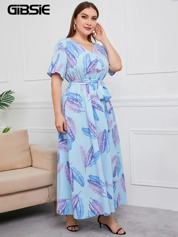 GIBSIE Plus Size V Neck Floral Print Boho Dress Women Summer Short Sleeve Maxi Dresses Holiday A-line Female Belted Dress - Image 5