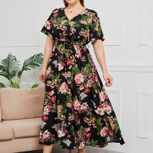 GIBSIE Plus Size V Neck Floral Print Boho Dress Women Summer Short Sleeve Maxi Dresses Holiday A-line Female Belted Dress