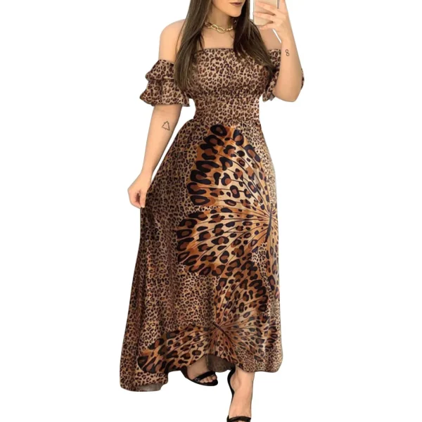 Boho Leopard Dress Women Off Shoulder Ruffle Sleeve Summer Dress Sexy Strappy Slash neck Vestido Long Sundress Party Dresses - Image 3