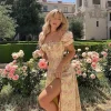 Women's Y2k Retro Bodycon Long Dress Summer Bohemian Floral Print Puff Sleeve Square Collar Tie-up High Split Dress Streetwear - Image 3