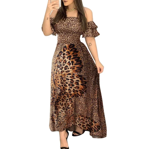 Boho Leopard Dress Women Off Shoulder Ruffle Sleeve Summer Dress Sexy Strappy Slash neck Vestido Long Sundress Party Dresses - Image 4