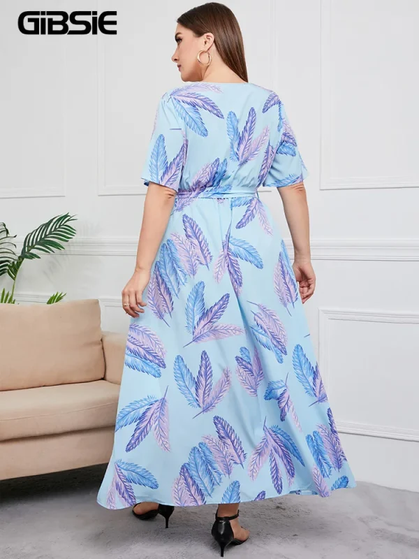 GIBSIE Plus Size V Neck Floral Print Boho Dress Women Summer Short Sleeve Maxi Dresses Holiday A-line Female Belted Dress - Image 6