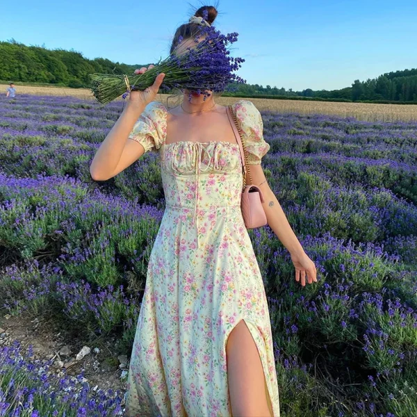Women's Y2k Retro Bodycon Long Dress Summer Bohemian Floral Print Puff Sleeve Square Collar Tie-up High Split Dress Streetwear - Image 2
