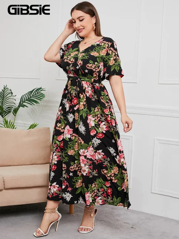 GIBSIE Plus Size V Neck Floral Print Boho Dress Women Summer Short Sleeve Maxi Dresses Holiday A-line Female Belted Dress - Image 2