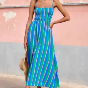 2025 Summer Fashion New Women's Elegant Beach Vacation Dress with Strap Printing Stripe Casual Long A-line Dress