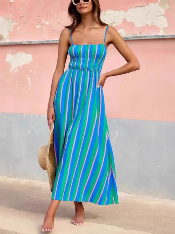 2025 Summer Fashion New Women's Elegant Beach Vacation Dress with Strap Printing Stripe Casual Long A-line Dress