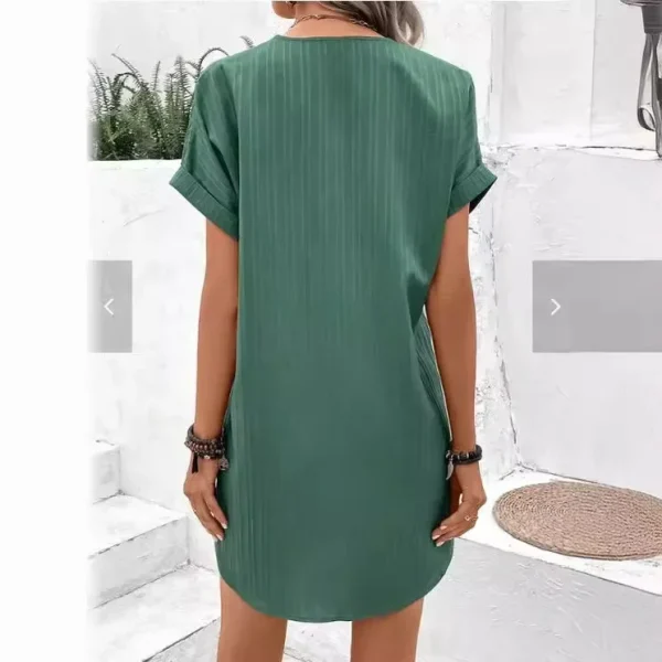 Europe and the United States women's new V-neck solid color pullover comfortable casual button dress - Image 4
