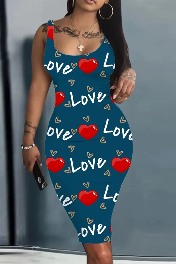 Платье Женское Plus Size Summer Women's Dress Large Size Contrast Heart Print U-Neck Sleeveless Casual Bodycon Mini Dresses - Image 2