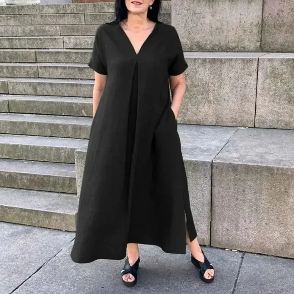 Women's L-5XL Plus Size Spring/Summer Large Size Loose Cotton and Hemp Short Sleeve Fashion Dress V-neck Solid Color Casual - Image 3