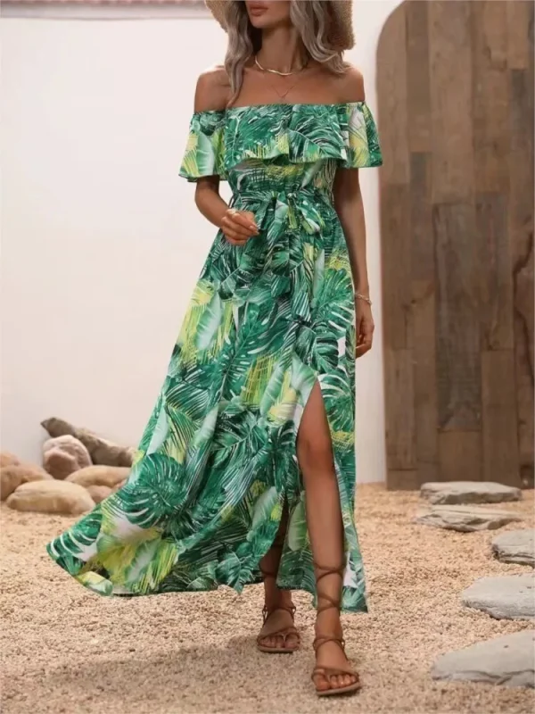 Women Summer New Sexy One Line Collar Strapless Ruffle Edge Lace Up With A Split Waist Dress Fashionable Printed Ruffle Sleeves - Image 3