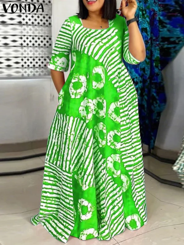 Plus Size Women Bohemian Maxi Dress 2025 Summer Printed Long Sundress VONDA Beach Party Vestidos Half Sleeve Casual Loose Robe - Image 3