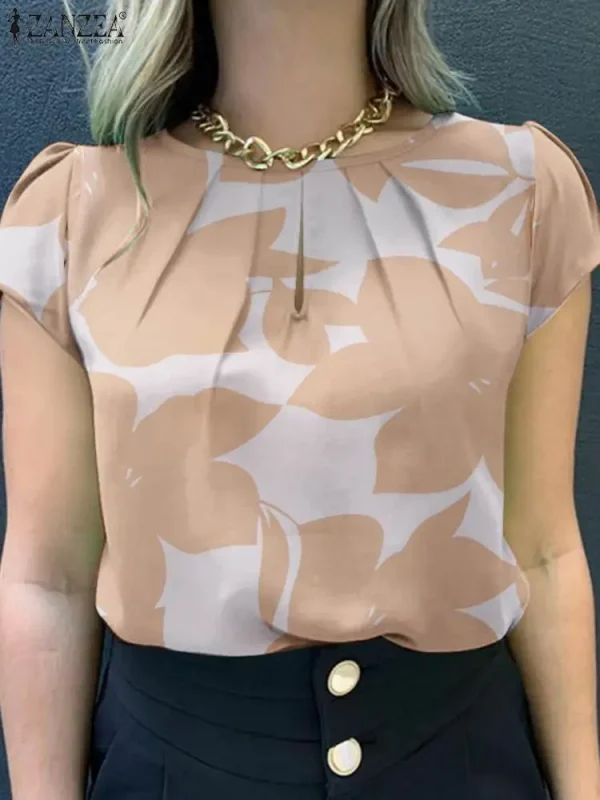 ZANZEA Summer Fashion Floral Printed Blouse Bohemian Holiday Tops Woman Elegant Short Sleeve Work Shirt Casual Pleated Blsuas