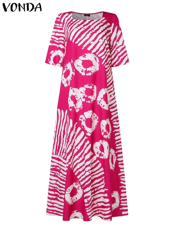 Plus Size Women Bohemian Maxi Dress 2025 Summer Printed Long Sundress VONDA Beach Party Vestidos Half Sleeve Casual Loose Robe - Image 4