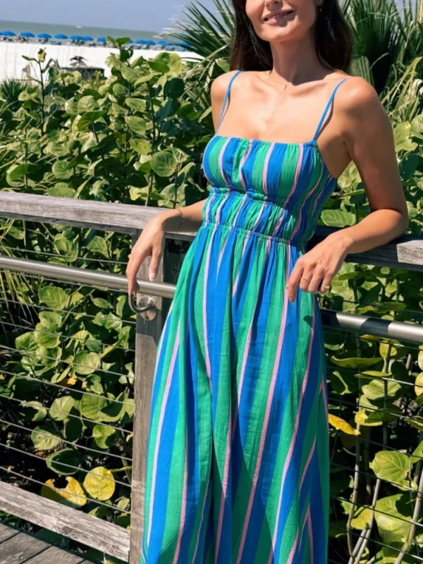 2025 Summer Fashion New Women's Elegant Beach Vacation Dress with Strap Printing Stripe Casual Long A-line Dress - Image 4