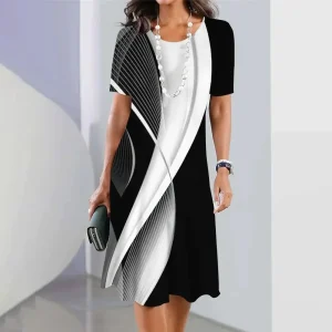 2025 New Women's Dresses Stripe Print Elegant & Beautiful Midi Dresses Plus Size Female Summer One-piece Dress Free Shipping