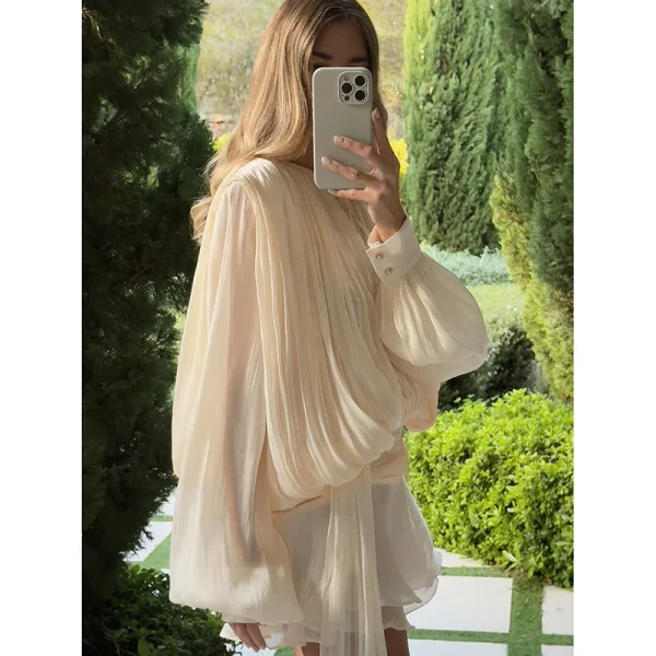 Luxury Elegant Mini Dress For Women V Collar Lace Up Blouse Dresses Long Sleeve Stacked Hem Vestido 2025 New Lady Women Clothing - Image 5