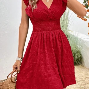Elegant Short Dresses For Women Summer Casual Slim Red Sleeveless Holiday Beach Dress Fashion V Neck A-line New In Dresses