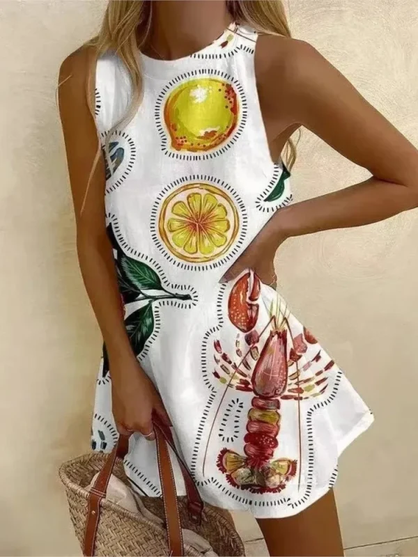 Summer Printed Women Dress New Vintage Dress One Piece Sleeveless Holidays Beach Dresses New Women Clothing Beachwears