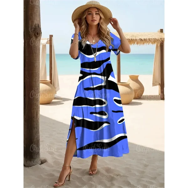 Fashions Women's Clothing Elegant Womens V-Neck Dresses Leopard Print Slit Long Dress Woman A-Line Skirt Summer Loose Pullover - Image 3