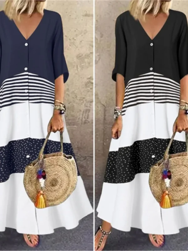 Women's Spring Summer New Style Sexy V-neck Fashion Printed Long One Shoulder Dress Casual Loose Five Sleeve Long Dress - Image 4