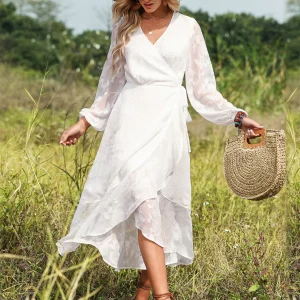 2025 New Summer Simple V-neck Pure Color Belted Ruffled Lantern Sleeve Mid-length Dress