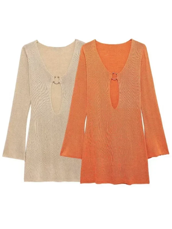 Sexy V Neck Flared Sleeve Slim Knitted Mini Dress 2025 Autumn / Winter Women's Elegant Long Sleeve Vacation Short Dresses A2917 - Image 4