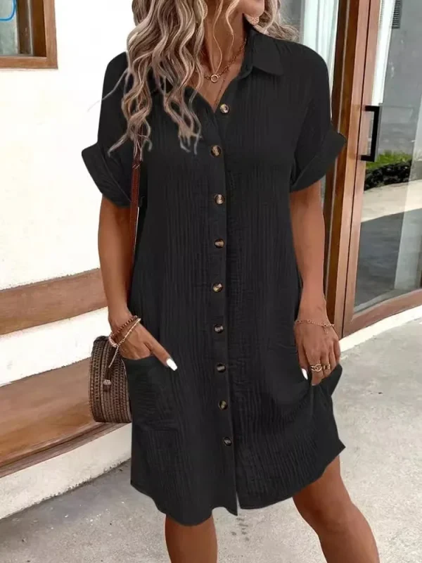 2025 Summer Women's New Fashionable Simple Sexy V-neck Button Single Breasted Short Sleeve With Pocket Dress Women's Wear - Image 5