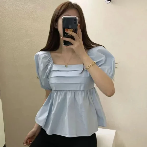 Elegant Square Neck Summer White Blouse Fashion Women New Puff Short Sleeve Simple Shirt Ladies Casual Pleated Short Tops - Image 2