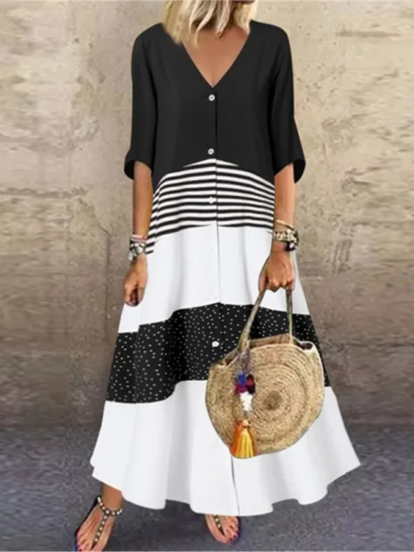 Women's Spring Summer New Style Sexy V-neck Fashion Printed Long One Shoulder Dress Casual Loose Five Sleeve Long Dress - Image 3