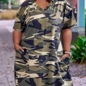 Plus size V-neck camouflage print pocket short-sleeved dress, summer models casual loose polyester material 2025 new