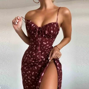 Elegant Classy Flower Print Spaghetti Straps Dresses For Women 2025 Camisole Deep V Neck Suspender Dress Woman Clothing