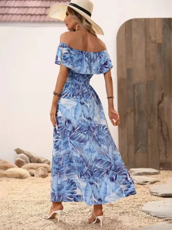 Women Summer New Sexy One Line Collar Strapless Ruffle Edge Lace Up With A Split Waist Dress Fashionable Printed Ruffle Sleeves - Image 6