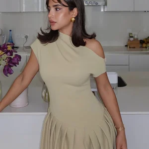 2025 Summer Women's Dress Sexy Inclined Shoulder Sexy Front Slit Ruched Vestido Longo Female Solid Slim Party Clubwear Dresses