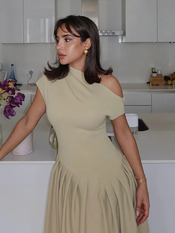 2025 Summer Women's Dress Sexy Inclined Shoulder Sexy Front Slit Ruched Vestido Longo Female Solid Slim Party Clubwear Dresses