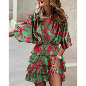 Women's Commuter Mid Sleeved Dress Spring/Summer Fashion V-neck Bat Sleeve Dress Tie Waist Irregular Casual Holiday Dress