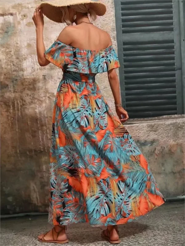Women Summer New Sexy One Line Collar Strapless Ruffle Edge Lace Up With A Split Waist Dress Fashionable Printed Ruffle Sleeves - Image 5