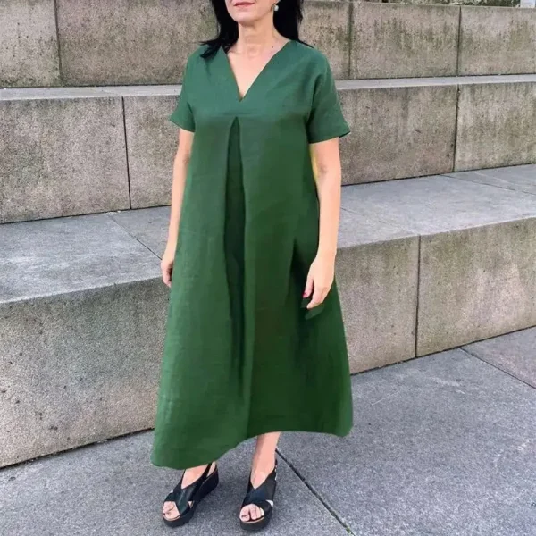 Women's L-5XL Plus Size Spring/Summer Large Size Loose Cotton and Hemp Short Sleeve Fashion Dress V-neck Solid Color Casual - Image 2