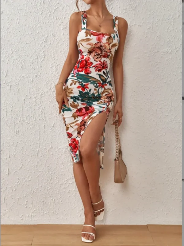 Women's Daily Camisole Dress Summer Casual Vacation Style Sexy Sslit Print Pattern Backless Square Neck Sleeveless Lady's Dress - Image 5