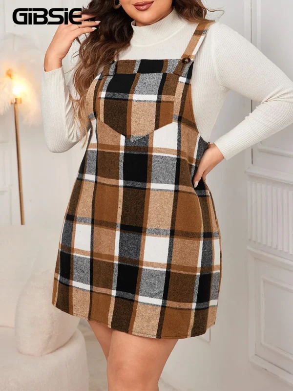 GIBSIE Plus Size Plaid Strap Dress Women New 2025 Autumn Winter Vintage Sleeveless Loose Mini A-Line Dresses Female Vestidos